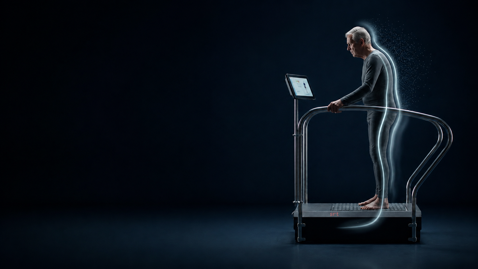 Älterer Patient auf dem srt zeptoring® Gerät mit Darstellung der Neuralaktivität